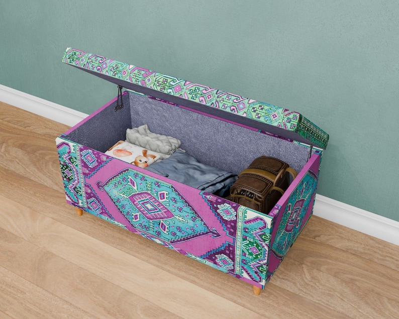 Vintage pattern bench, Purple blue trunk, Handmade storage, Unique home decor, Kitchen organizer, Dressing bench, Daily use bench, 129-02