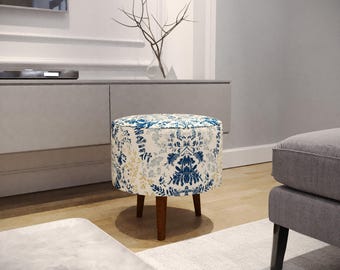 Light color pouf, Bench plant stand, Indoor pouf seat, Fade resistant pouf, Entryway footstool, Ottoman footrest, Dark wood stool, M-13