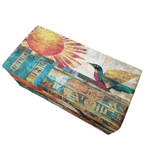 Boho upholstered ottoman bench with Egyptian art design, colorful storage chest with lid, perfect for storing blankets or accessories, entryway seating furniture.
