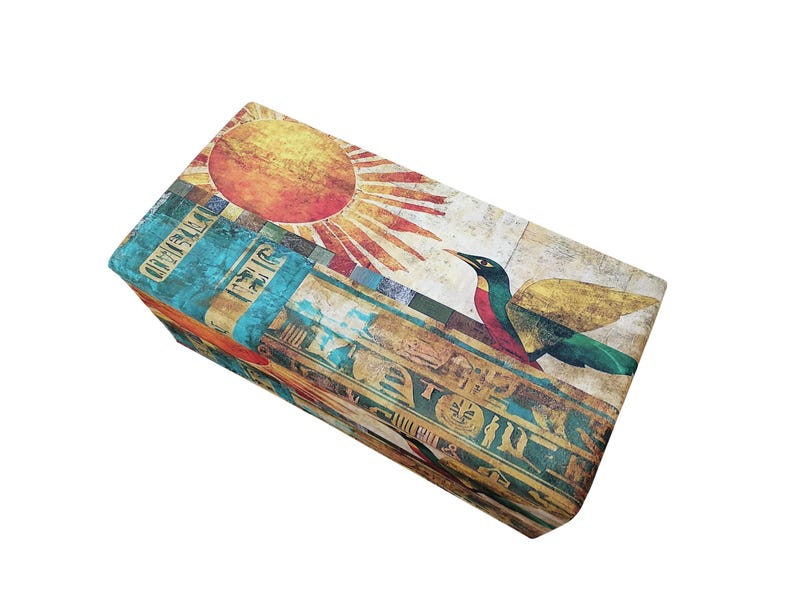 Boho upholstered ottoman bench with Egyptian art design, colorful storage chest with lid, perfect for storing blankets or accessories, entryway seating furniture.