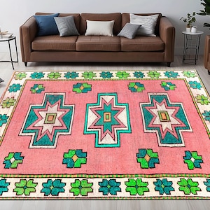 Pink green rug, Modern rug, Corridor rug, Non slip rug, Floor rug, Apartment rug, Dining rug, Entry rug, Eco friendly rug, Turkish pattern