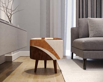 Modern shoe stool, Custom size pouf, Bohemian footstool, Brown color bench, Ottoman footrest, Round french table, Side of bed stool, M-40