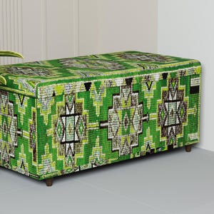 Tribal pattern storage bench, Artisan ottoman bench, Vibrant color ottoman storage, Elegant ottoman bench, High end furniture, 330-02