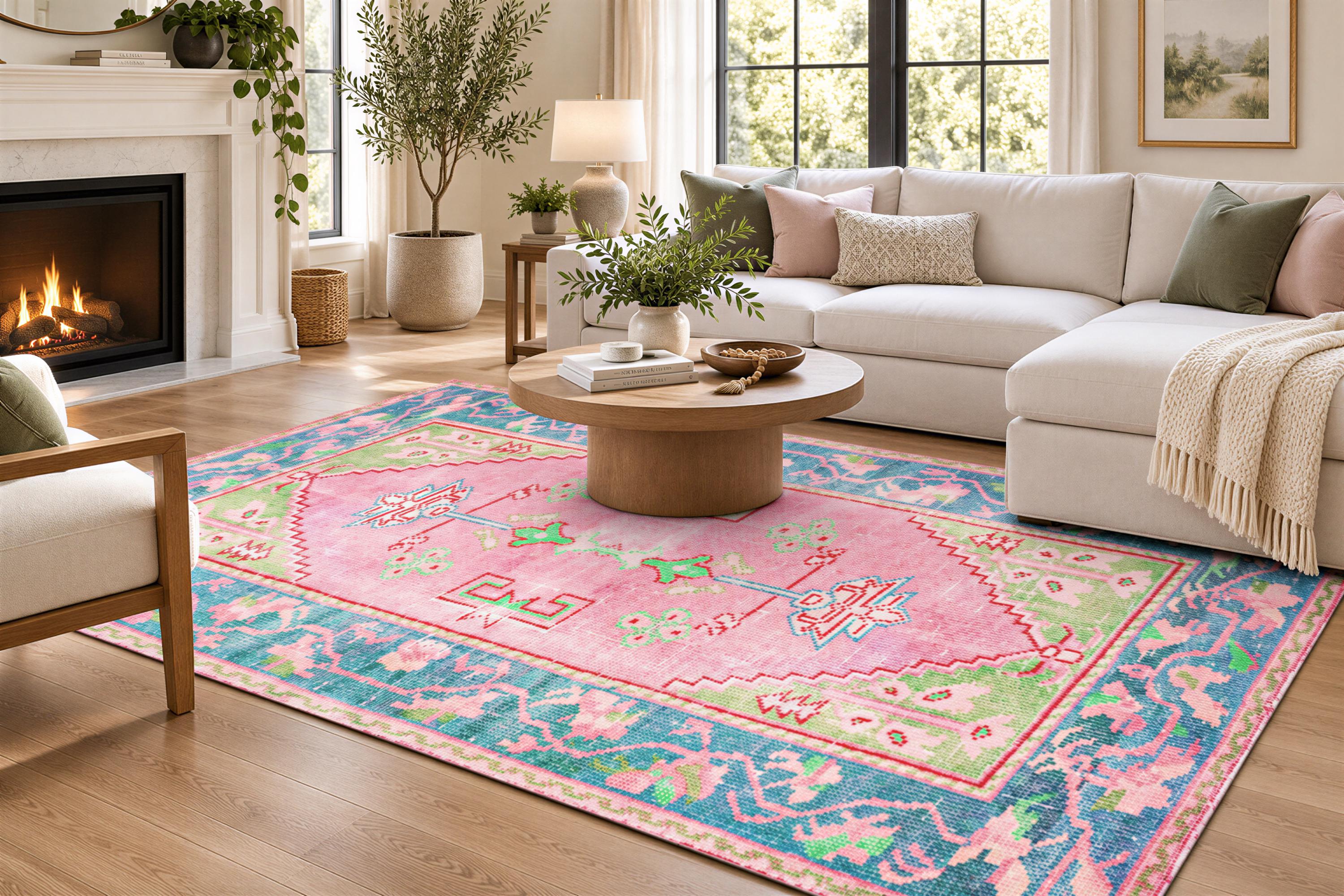 Pink Teal Medallion Rug | Living Room Area Carpet | Vintage Boho
