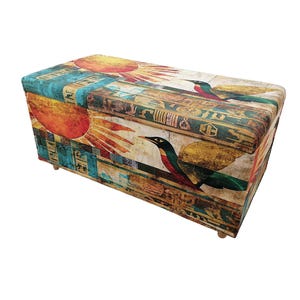 Boho upholstered ottoman bench with Egyptian art design, colorful storage chest with lid, perfect for storing blankets or accessories, entryway seating furniture.