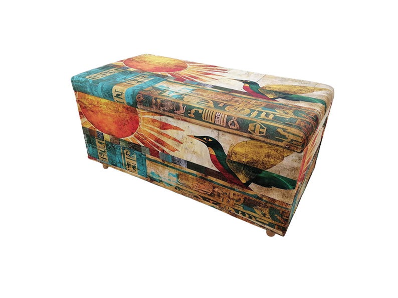 Boho upholstered ottoman bench with Egyptian art design, colorful storage chest with lid, perfect for storing blankets or accessories, entryway seating furniture.