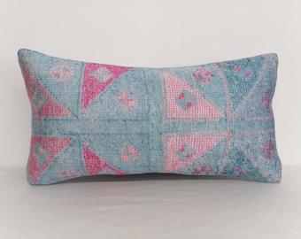 handmade rug pillow, turkish cushion cover, bohemian pillow, blue pink pillow, lumbar pillow, couch pillow, throw pillow, washable pillow