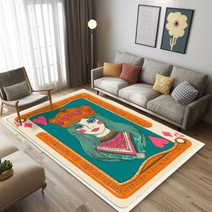 Women figured rug, Playing card print rug, Bedside rug, Pop color rug, Short pile rug, Fireside rug, Decorative rug, Easy to care rug