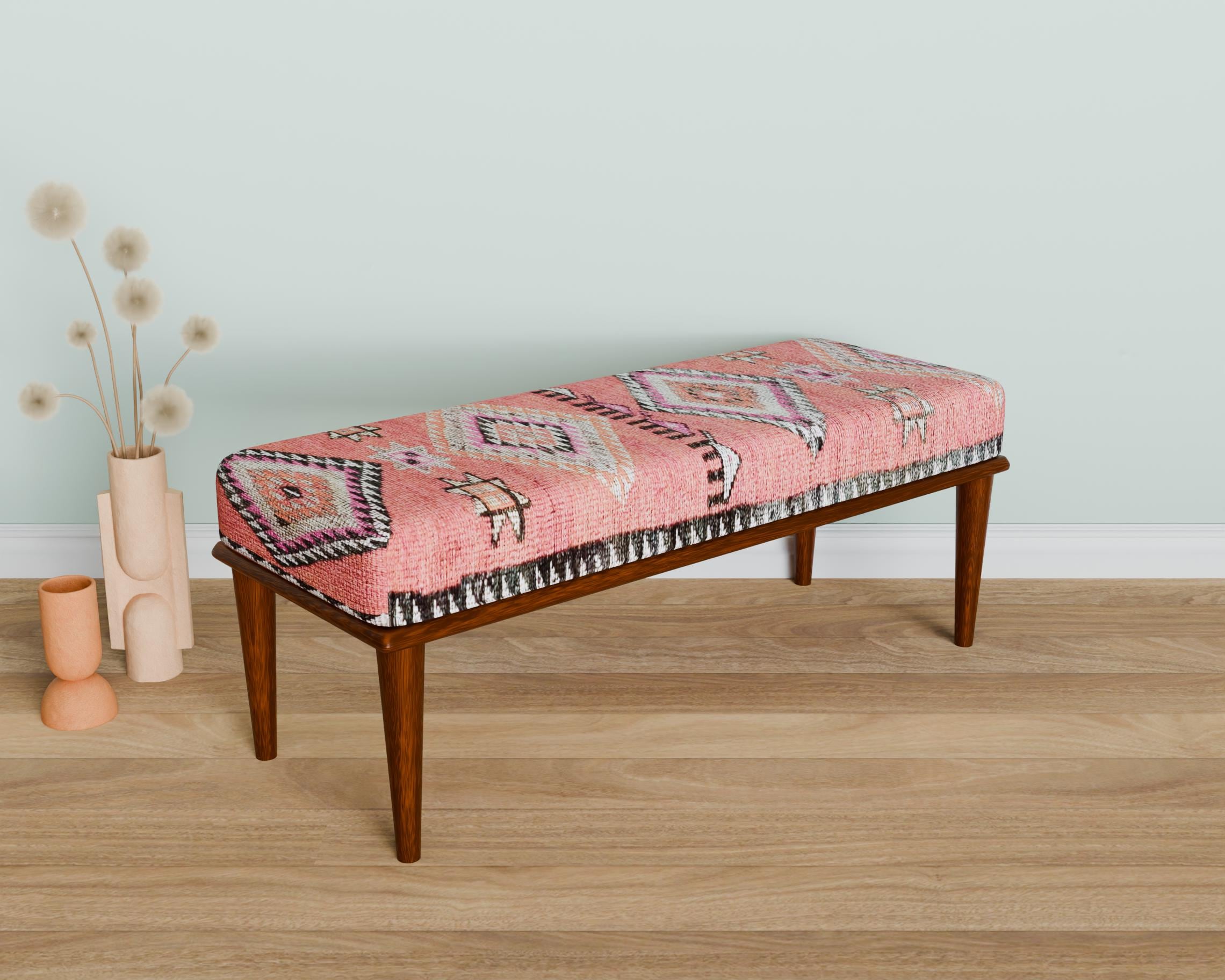 Purse bench, Pink upholstered bench, Entryway bench, End of bed bench, Wooden bench, Dining table bench, Kilim design bench, 328-02