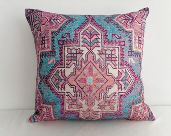 blue pink pillow, cushion cover, living room pillow, soft pillow, kilim cushion, bohemian pillow, armchair pillow, boho decor pillow