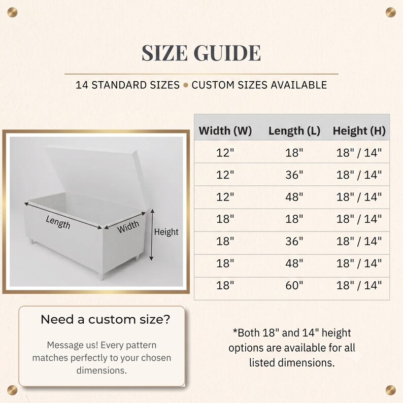 The image is a size guide that provides 14 standard sizes and custom sizes available. It includes a table with measurements for different widths and lengths, as well as a diagram of a white object with its dimensions. The guide encourages users to message us for custom size options, stating that every pattern matches perfectly to the chosen dimensions.