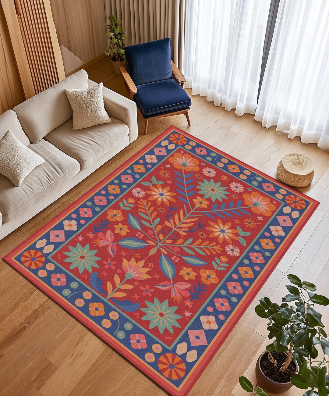 Traditional Folk Nonslip Rug, Red Blue Floral Washable Carpet, M-946 - Etsy