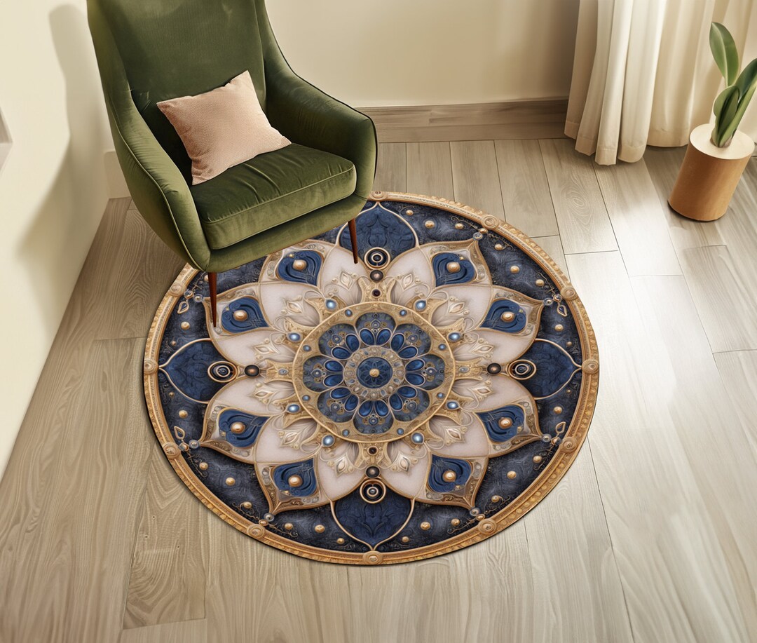 3d Round Rugs Elegant Mandala Rug, 3d Round Rug, Fairtable Circle Rug, Navy Blue ...