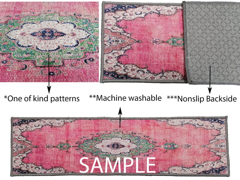 May include: A pink and green patterned runner rug with a non-slip backing. The rug has a traditional design and is machine washable.  *One of kind patterns* **Machine washable** ***Nonslip Backside*** SAMPLE