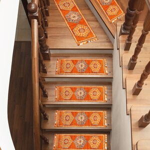 Red Geometric Stair Carpet Cover | Machine Washable Padding | Warm Tribal Step Runner image 15