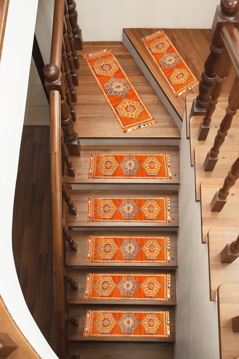 Red Geometric Stair Carpet Cover | Machine Washable Padding | Warm Tribal Step Runner image 15