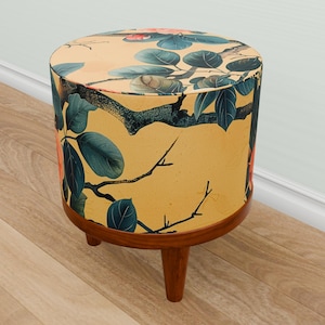 Yellow footstool, Flower motif pouf, Ottoman pouf stool, Round coffee table, Unique design bench, Dressing room chair, Vanity footrest, M-77