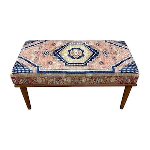 Retro-style upholstered blanket bench with vintage Turkish pattern, perfect for bedroom or dressing table use, versatile ottoman bench that can serve as a footstoolor chic coffee table accent.