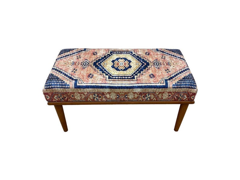 Retro-style upholstered blanket bench with vintage Turkish pattern, perfect for bedroom or dressing table use, versatile ottoman bench that can serve as a footstoolor chic coffee table accent.