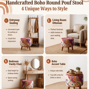 The image is a collage of four images showcasing different ways to style a handcrafted Boho Round Pouf stool.