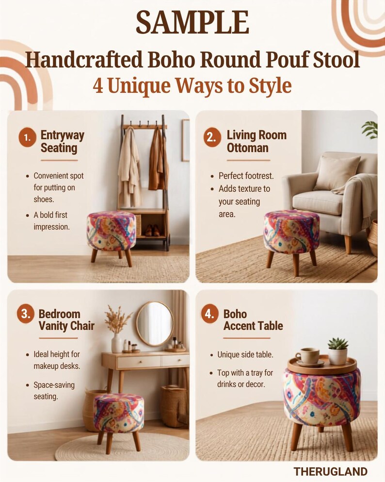 The image is a collage of four images showcasing different ways to style a handcrafted Boho Round Pouf stool.