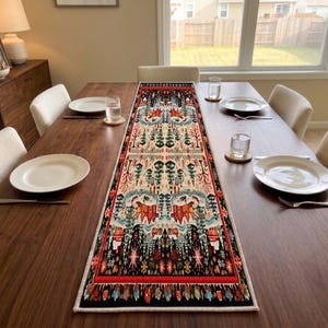 Black Snow Town Table Runner | Kitchen Island Display | Holiday Motif Console Mat