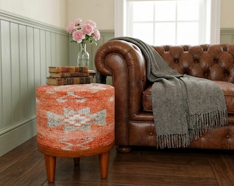 Boho Kilim Ottoman Stool – Round Handmade Footstool with Wood Legs – Tribal Small Pouf for Living Room or Bedroom, 14-01
