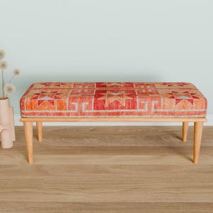 Ottoman bench, Window bench, Bed bench, Bedroom bench, Upholstered bench, Decor bench, Farmhouse bench, Orange fabric bench, Wood bench, 04