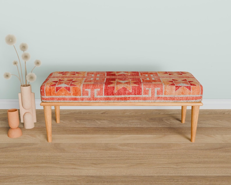 Ottoman bench, Window bench, Bed bench, Bedroom bench, Upholstered bench, Decor bench, Farmhouse bench, Orange fabric bench, Wood bench, 04