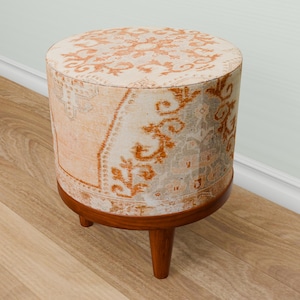 Beige round stool, Victorian footstool, Textured upholstery, Versatile pouf stool, Boho home decor, Small shope bench, Artistic pouf, 268-01