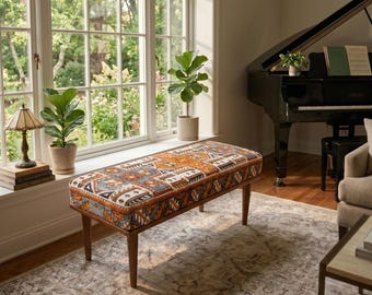 Orange Kilim Ottoman Bench | Upholstered Entryway Seat | Boho Living Room Decor