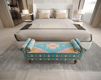 Turquoise Aztec Motif Bench | Master Bedroom Window Seat | Nomadic Small Loveseat