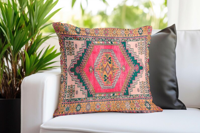 Kissen mit Ethno-Motiv, rosa Kissenbezug, Ottomanenkissen, Retro-Kissenbezug, waschbares Kissen, Nackenkissenbezug, weicher Kissenbezug, Bodenkissen Bild 3