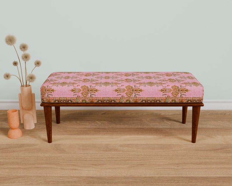 Pink oriental bench, Comfort bench, End of bed bench, Handmade bench, Livingroom bench, Makeup bench, Home decor bench, Kitchen seat, 337-01