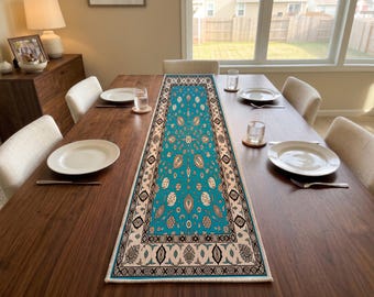 Turquoise Palmette Table Runner | Dresser Scarf Decor | Boho Dining Room Decor
