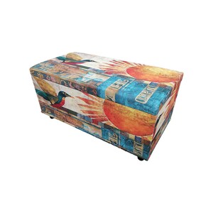 Boho upholstered ottoman bench with Egyptian art design, colorful storage chest with lid, perfect for storing blankets or accessories, entryway seating furniture.
