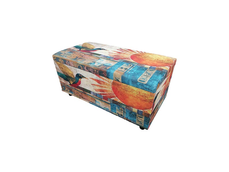 Boho upholstered ottoman bench with Egyptian art design, colorful storage chest with lid, perfect for storing blankets or accessories, entryway seating furniture.