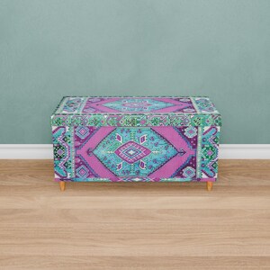 Vintage pattern bench, Purple blue trunk, Handmade storage, Unique home decor, Kitchen organizer, Dressing bench, Daily use bench, 129-02
