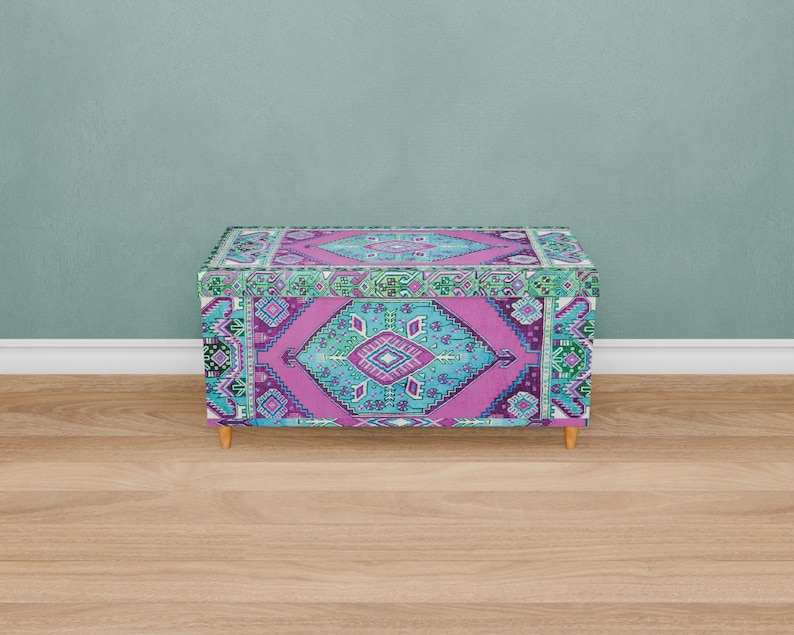 Vintage pattern bench, Purple blue trunk, Handmade storage, Unique home decor, Kitchen organizer, Dressing bench, Daily use bench, 129-02