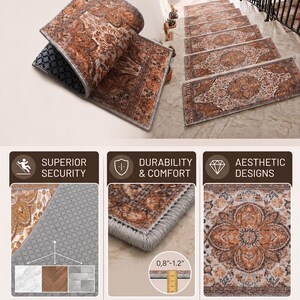 The image is an advertisement for safe and stylish stair mats. It features a variety of different stair mat designs, highlighting their features such as superior security, durability, comfort, aesthetic designs, and a safe and timeless style.