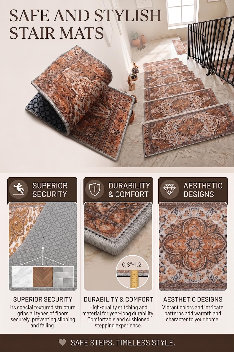 The image is an advertisement for safe and stylish stair mats. It features a variety of different stair mat designs, highlighting their features such as superior security, durability, comfort, aesthetic designs, and a safe and timeless style.