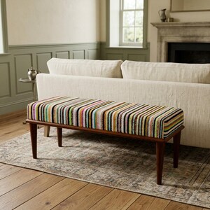 Rainbow Striped Motif Pouf | Walk In Closet Chair | Boho Wood Footstool