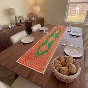 Koraalgroene geometrische tafelloper | Hoes voor dressoir in de slaapkamer | Tafellinnen in Zuidwest-Amerikaanse stijl