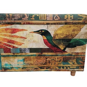 Boho upholstered ottoman bench with Egyptian art design, colorful storage chest with lid, perfect for storing blankets or accessories, entryway seating furniture.
