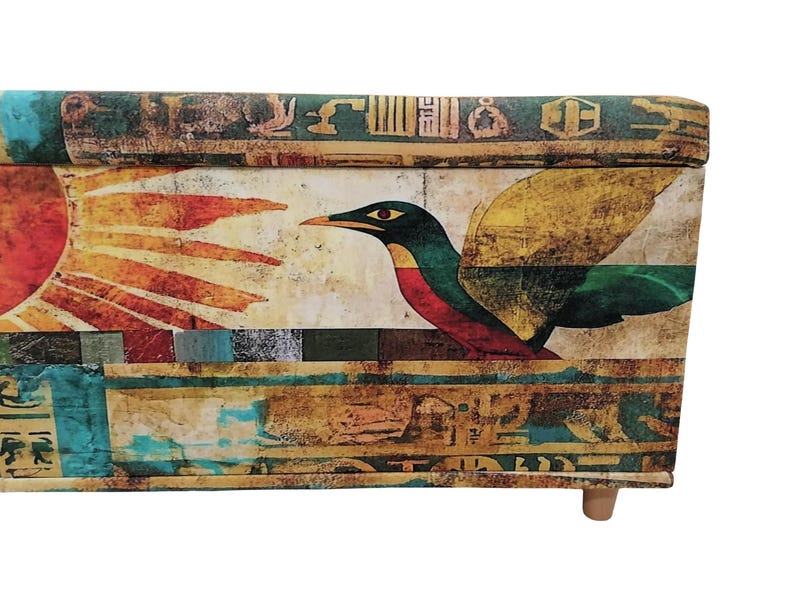 Boho upholstered ottoman bench with Egyptian art design, colorful storage chest with lid, perfect for storing blankets or accessories, entryway seating furniture.