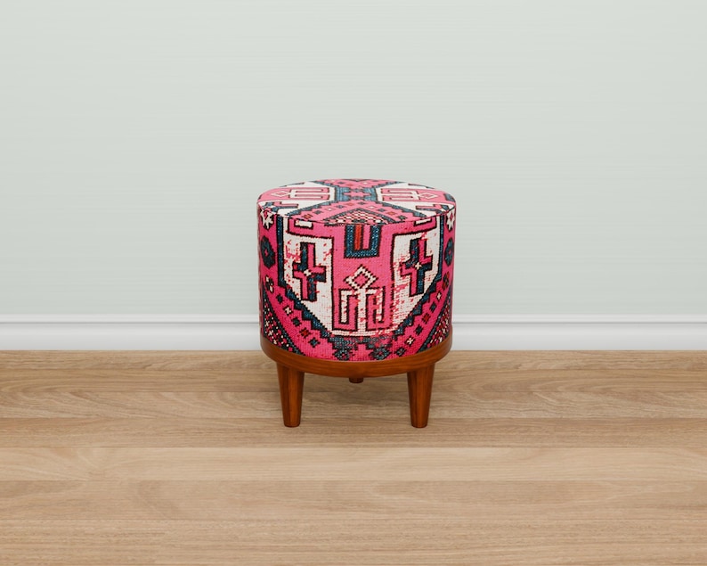 Vibrant pink bench, Doorway seating, Window front stool, Round french table, Ottoman organizer, Make up pouf, Vanity round seat, 280-02
