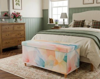 Banco con estampado de hojas, banco de color pastel, almacenamiento decorativo, muebles elegantes, banco moderno para el hogar, baúl tapizado, asiento que ahorra espacio, M-224