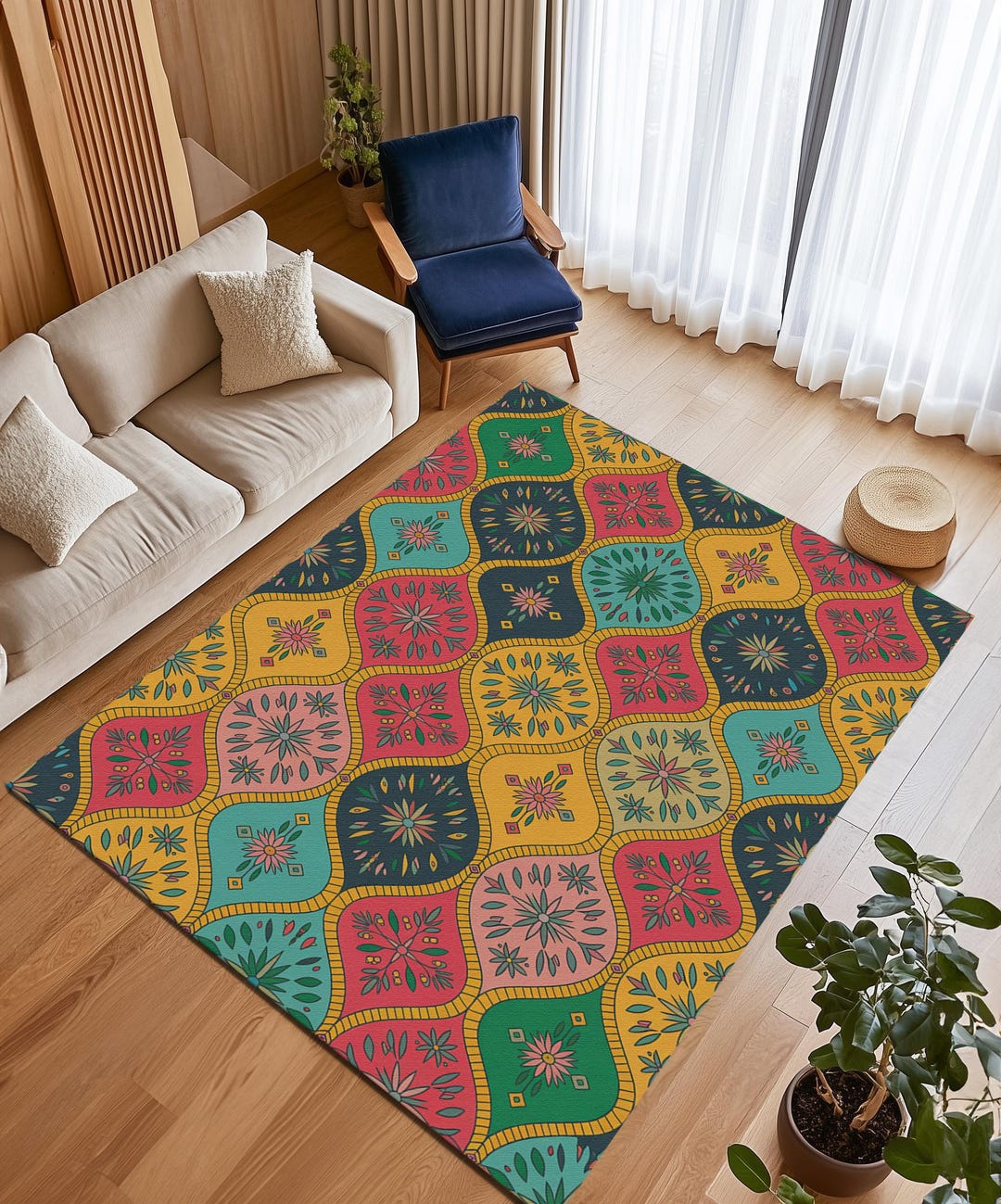 Ogee Rug Pattern Yellow Pink Ogee Pattern Rug, Colorful Scallop Washable Cozy Carpet, M ...