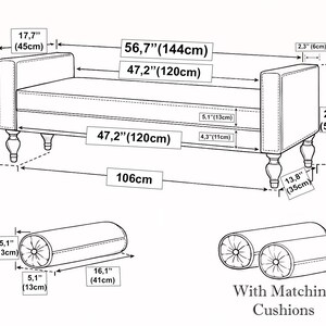 The image is a detailed technical drawing or diagram of a couch or sofa, including measurements and dimensions. It appears to be a technical drawing or diagram, rather than a photograph or illustration. The drawing provides specific measurements and dimensions for the couch, including the seat, backrest, legs, and the matching cushions. The drawing also includes a caption that reads "With Matching Cushions".
