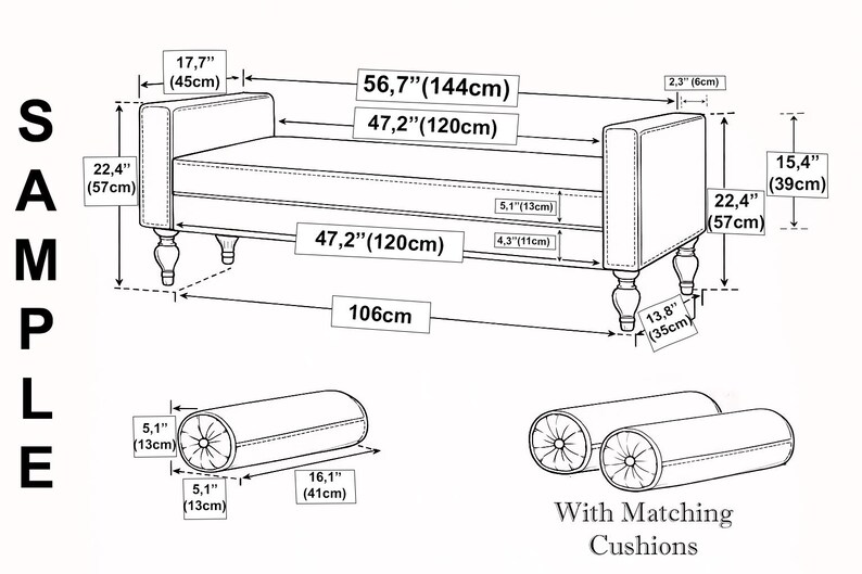 The image is a detailed technical drawing or diagram of a couch or sofa, including measurements and dimensions. It appears to be a technical drawing or diagram, rather than a photograph or illustration. The drawing provides specific measurements and dimensions for the couch, including the seat, backrest, legs, and the matching cushions. The drawing also includes a caption that reads "With Matching Cushions".